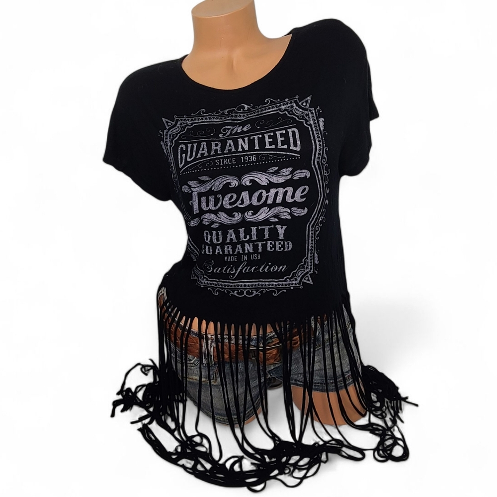 CLOUDLESS Vintage Fringe Shredded Cap Sleeve Graphics Tee Black Sz Junior L